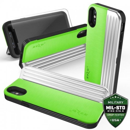 Zizo Retro Series Etui iPhone X z kieszenią na karty + podstawka + szkło 9H na ekran (Neon Green/Silver) RET-IPH8-NGRSL