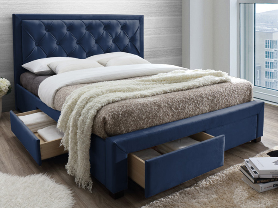 Vente-Unique Łóżko z szufladami LEOPOLD Tkanina w kolorze niebieskim 160 × 200 cm