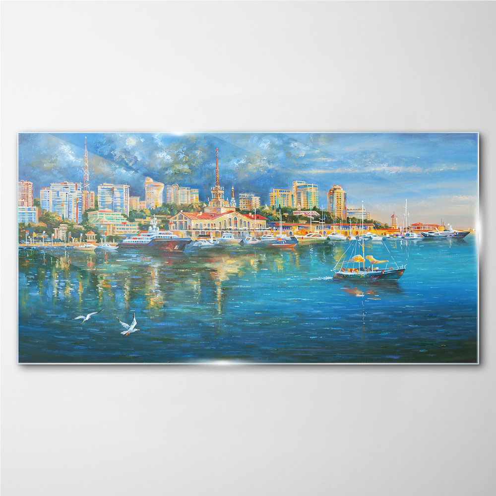 PL Coloray Obraz na Szkle miasto port statki morze 100x50cm