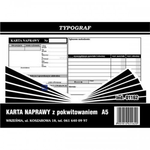Typograf Druk samokopiujący karta naprawy z pokwitowaniem A5 80 kartek 01162/ TP082
