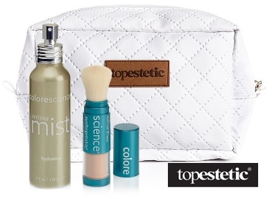 Colorescience Sunforgetable Brush-On Sunscreen + Clarifying Setting Mist + Kosmetyczka ZESTAW Mineralny puder ochronny SPF 50 w pędzlu - kolor Medium 6 g + Mgiełka do cery problemowej 118 ml + Biała,
