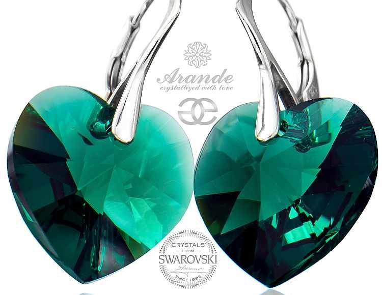 Swarovski KOLCZYKI serca EMERALD SREBRO CERTYFIKAT