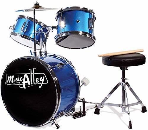 Music Alley Music Alley DBJK02 trzyczęściowy zestaw perkusyjny dla dzieci z bębnem pedałowym stołkiem i pałeczkami perkusyjnymi metaliczny niebieski DBJK02