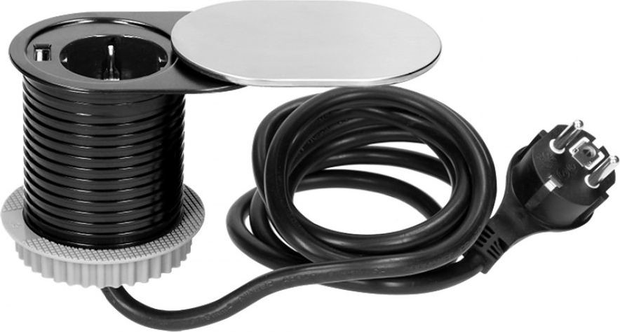 Orno Gniazdo meblowe $28356cm wpuszczane w blat z przesuwną pokrywką ładowarką USB i przewodem 1,9m 1x2P+Z 1xUSB 2,4A 3x1,5mm2 we OR-AE-13124 GS