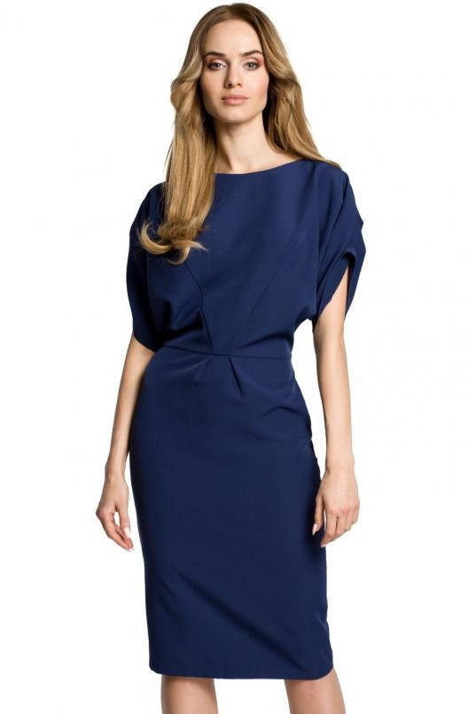 SukienkiShop Sukienka elegancka ołówkowa kimonowa z bufiastymi rękawami granatowa - SukienkiShop