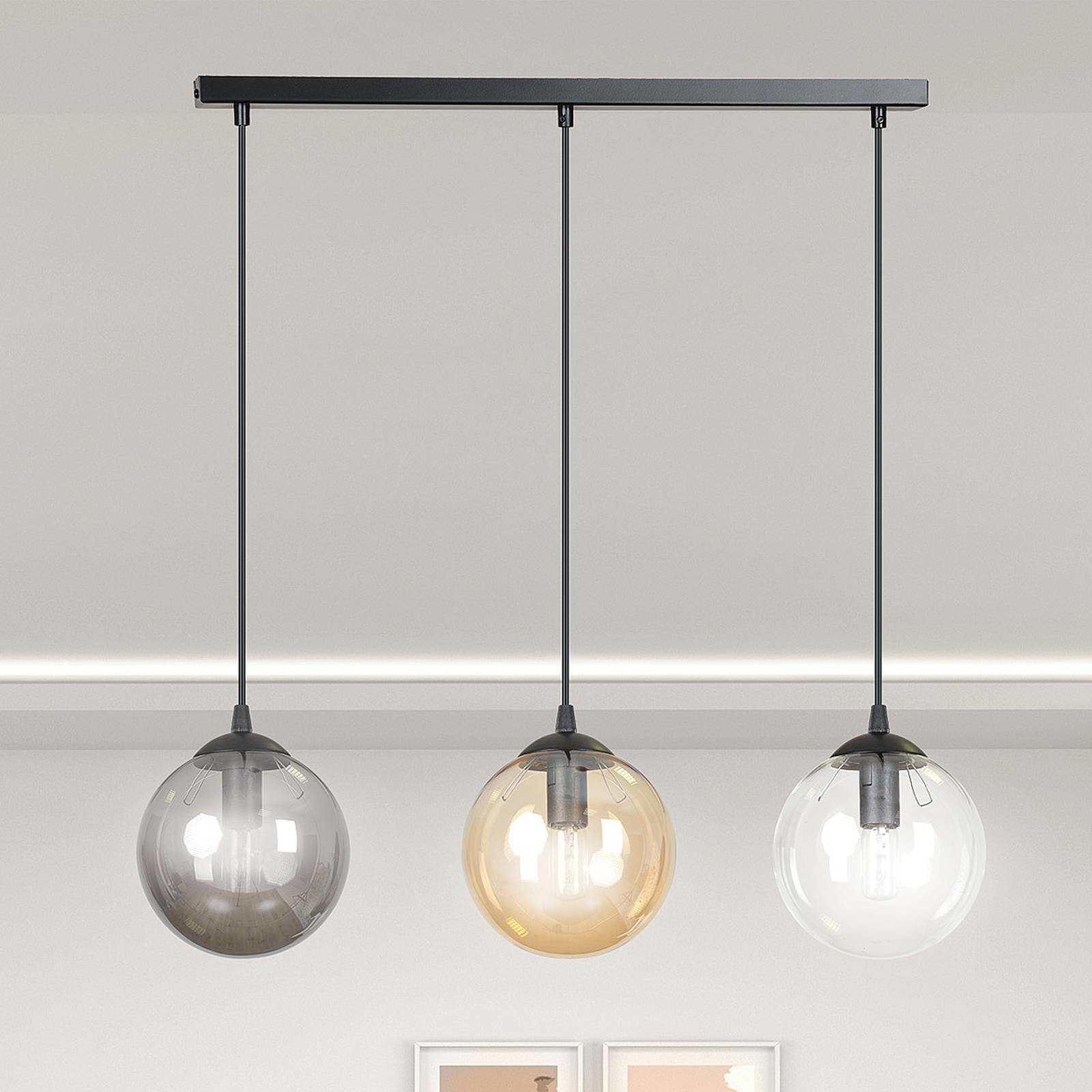EULUNA Lampa wisząca Glassy 3-pkt. prosta grafit/bursztyn