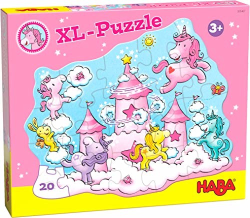 Haba 305467 puzzle jednorożec z brokatem celuloza chmury, puzzle od 3 lat, 20 części z motywem jednorożca i efektem brokatu do ćwiczenia motoryki precyzyjnej, przyporządkowanie kolorów i kształtu 305467