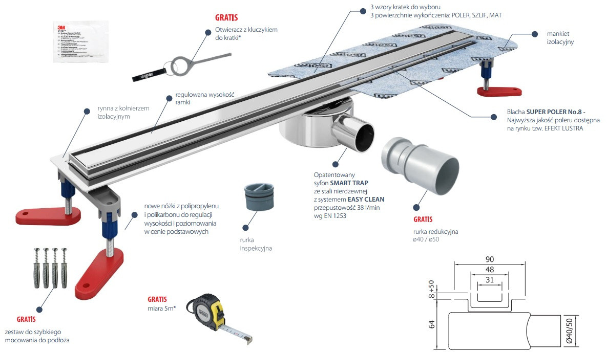 Wiper New Elite Slim Ponente Zestaw Odpływ liniowy 90 cm mat 100.3401.03.090