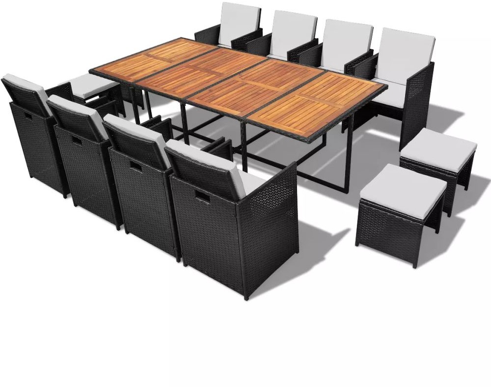 13-cz. zestaw mebli ogrodowych, rattan PE i akacja, czarny