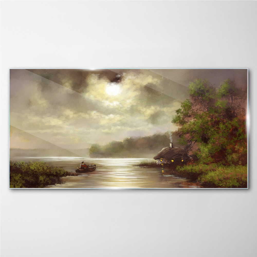 PL Coloray Obraz na Szkle jezioro drzewa chata rybak 140x70cm
