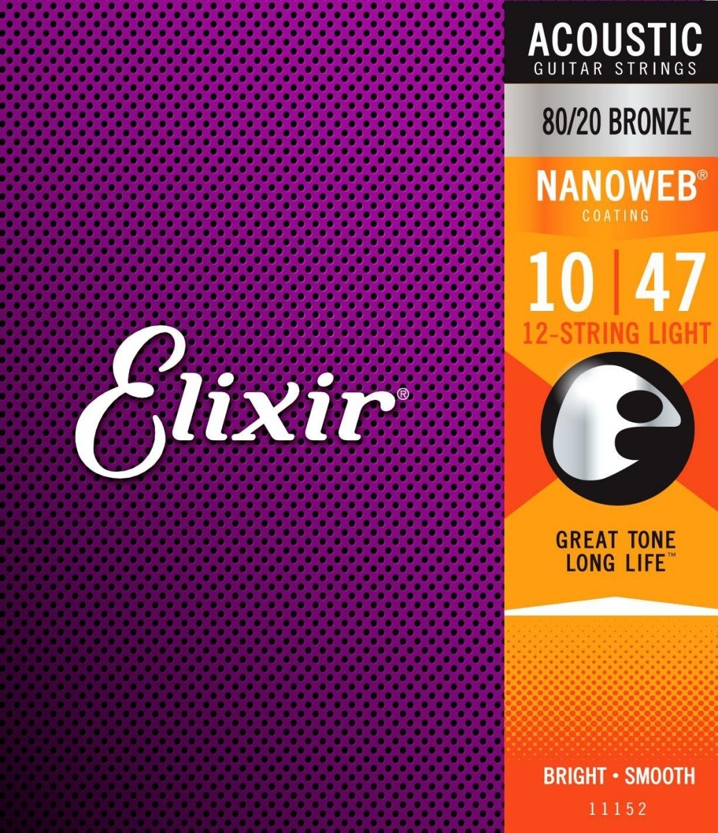 Elixir 11152 struny do gitary akustycznej, naciąg light, owijka Nanoweb, 12 strun E11152