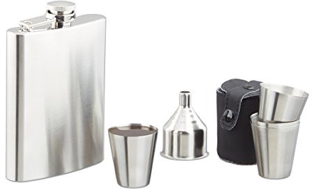 Relaxdays Flachmann piersiówka z zestaw 7-częściowy ze stali nierdzewnej, 200 ML z lejkiem i 4 kubek na kemping i Festival, srebrny 10021518