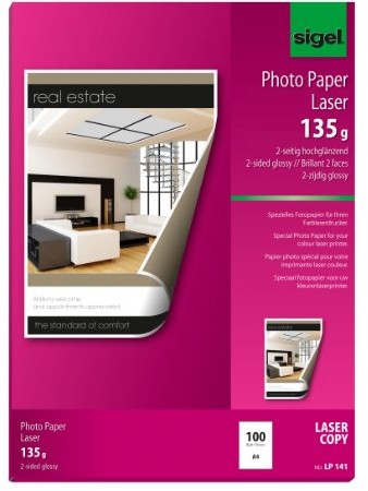 Sigel papier fotograficzny do laserowych drukarek i kopiarek kolorowych, papier dwustronny błyszczący, biały, A4, 100 arkuszy, jasno biały LP141