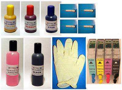Zestaw zamienny kartridże wieczne, napełnialne T1281-4 + 100ml czarnego +3x50ml kolor pigment+akc catalog96472