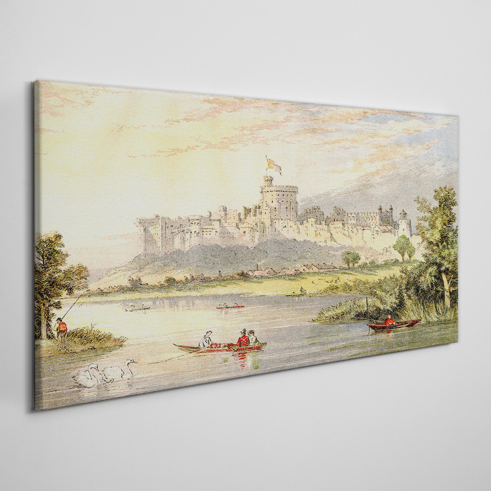 PL Coloray Obraz Canvas zamek łodzie drzewa niebo 140x70cm