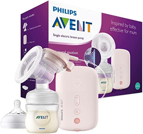 Philips Avent, elektryczna pompka do mleka SCF395/11, pompa pojedyncza, elastyczna poduszka silikonowa, butelka natury, cichy silnik, różowa