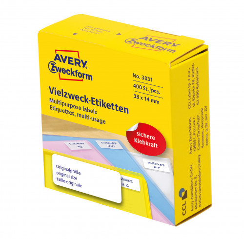 Avery Zweckform Białe minietykiety w dyspenserach do opisywania ręcznego; 400 etyk./op., 38 x 14 mm, Zweckform 3831