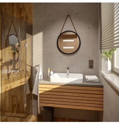 Łukasz Ochwat Alfaram Lustro okrągłe w ramie na brązowym skórzanym pasku OTTO, Dostępne wymiary: Średnica 50cm