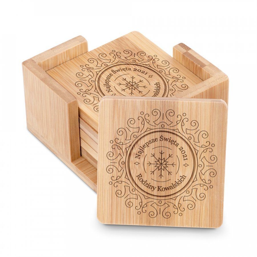 Murrano Podkładki bambusowe pod piwo kawę zestaw x6 grawer na święta PDK-BMB-008