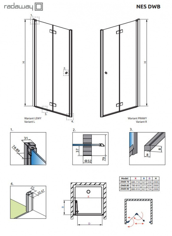 Radaway Nes DWB Drzwi prysznicowe wnękowe 70x200 cm wersja lewa profile chrom szkło przezroczyste EasyClean 10029070-01-01L