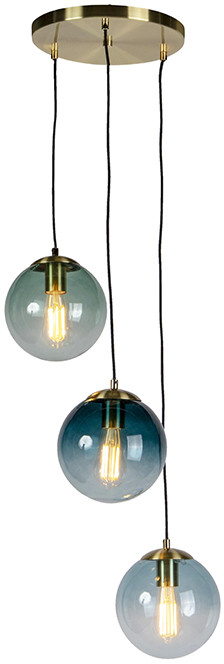 QAZQA Lampa wisząca art deco mosiądz okrągła 3-źródła światła niebieskie szkło - Pallon