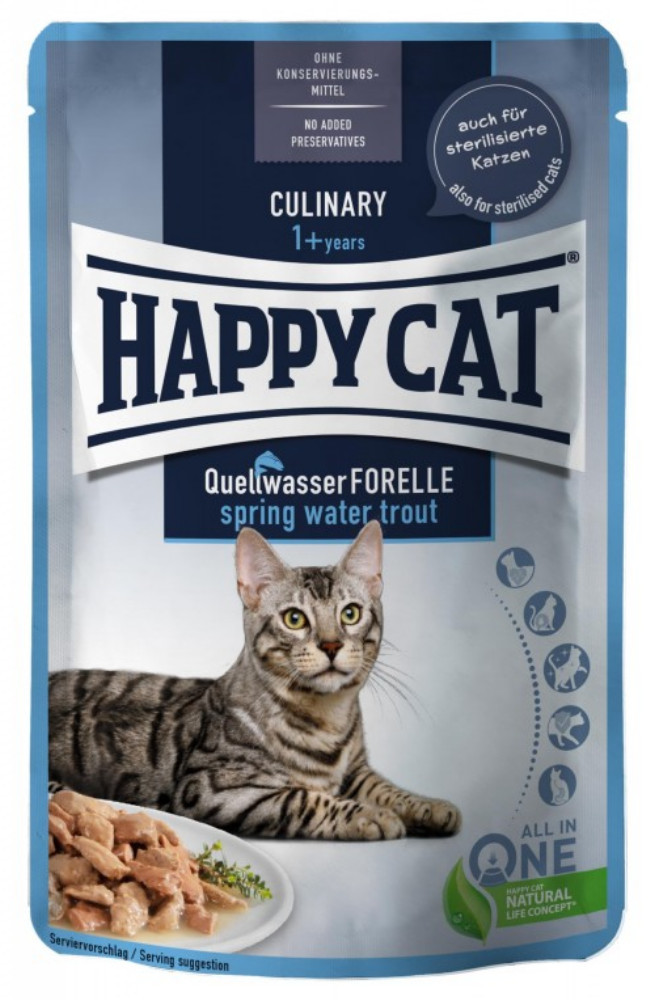 HappyCat Culinary Meat in Sauce Spring Water Trout, mokra karma, dla kotów dorosłych, pstrąg, 85 g, saszetka