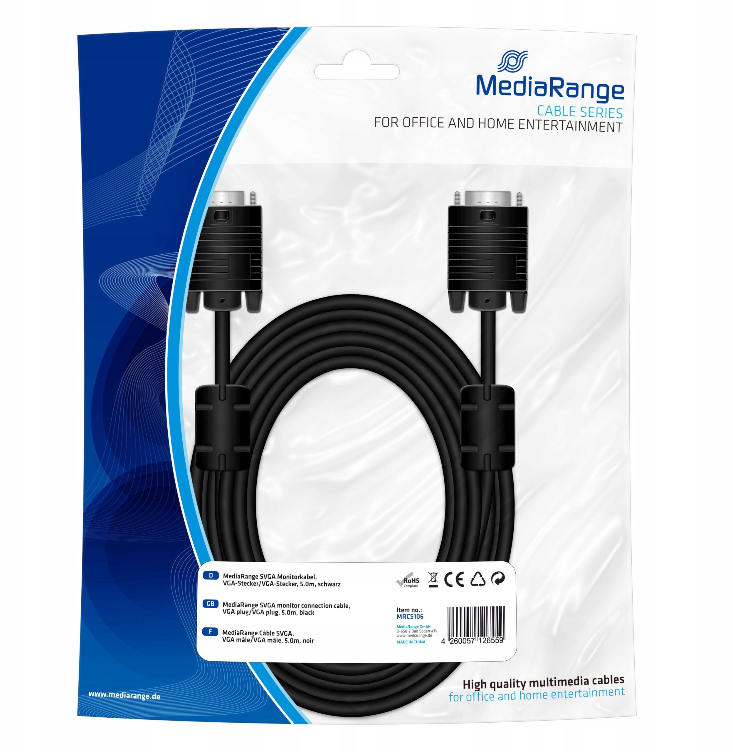 Kabel Svga MediaRange MRCS106 Vga/vga, 5.0m, czarn