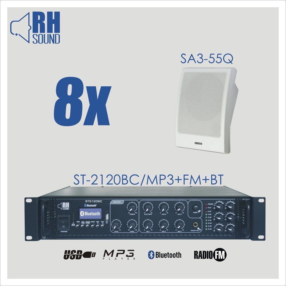 RH Sound ST-2120BC/MP3+FM+BT + 8x SA3-55Q - nagłośnienie naścienne