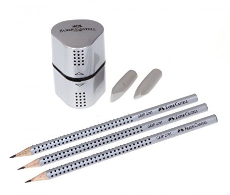 Faber-Castell 117098  zestaw do pisania Grip 2001, zawartość: 3 ołówki, 2 gumka, 1 temperówka, srebrny 6-cz. 117098
