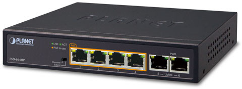 Planet 4-Port 10/100TX 802.3at POE + 2-Port 10/100TX Desktop Switch (60W POE FSD-604HP