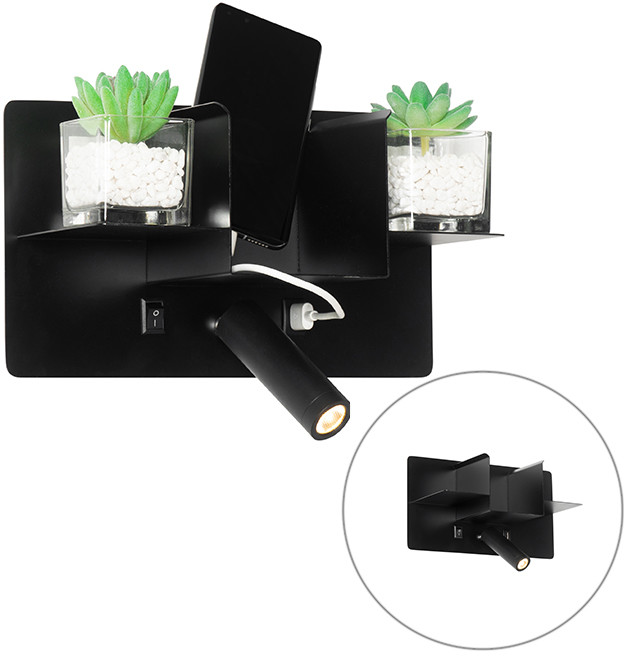 QAZQA Nowoczesna lampa ścienna czarna w tym LED z USB - Thijs