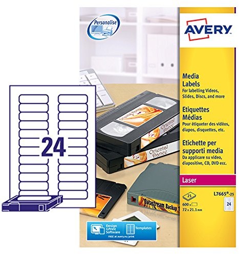 Avery etykiet na kasety do przechowywania danych, do drukarek laserowych, 25 arkuszy L7665-25