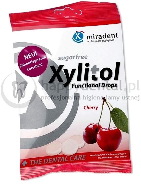 MIRADENT Xylitol Drops 25szt. - przeciwpróchnicze cukierki z ksylitolem dla dzieci i dorosłych (smak: Wiśnia)