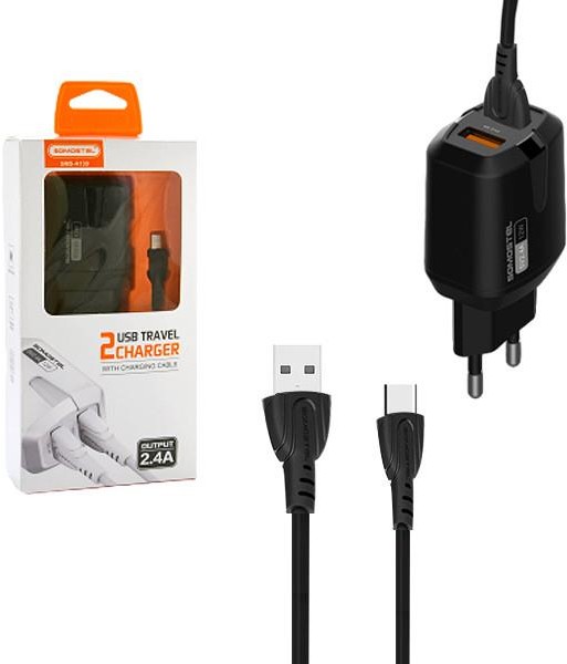 SOMOSTEL SOMOSTEL ŁADOWARKA SIECIOWA 2.4A + KABEL TYP-C CZARNA USB-C SOMOSTEL 2400MAH 2XUSB DUAL SMS-A139 SMS-A139 SMS-A139 TYP-C