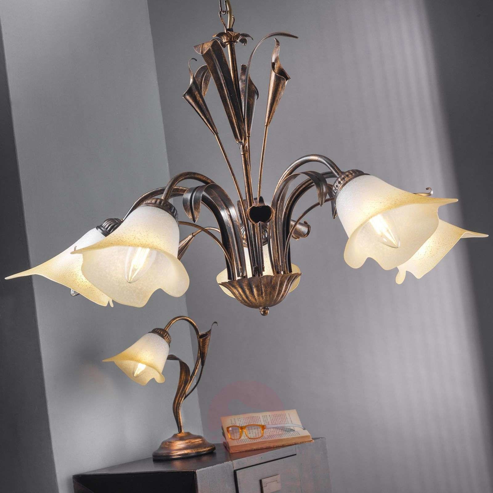 ONLI Lampa stołowa Lucrezia brązowa z kwiatowym kloszem