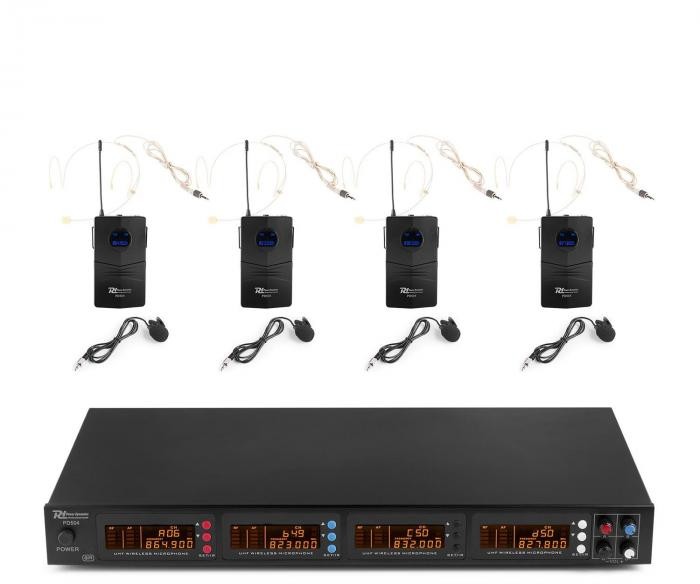 Power Dynamics PD504B, zestaw mikrofonów bezprzewodowych UHF, 4 x zestaw słuchawkowy + nadajnik kieszonkowy, 4 x 50 kanałów Sky-179.006