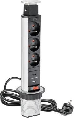 GTV Listwa zasilająca GTV Biurkowy przedłużacz wpuszczany 60mm srebrny 3 x gniazdo z uziemieniem 2 x USB 2,1A 5V 1,5m AE-BPW3U60U-80