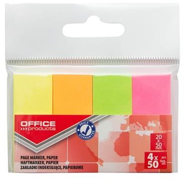 Office products Zakładki indeksujące papier, 20x50mm, 4x50 kart., zawieszka, mix kolorów neon 14215434-99