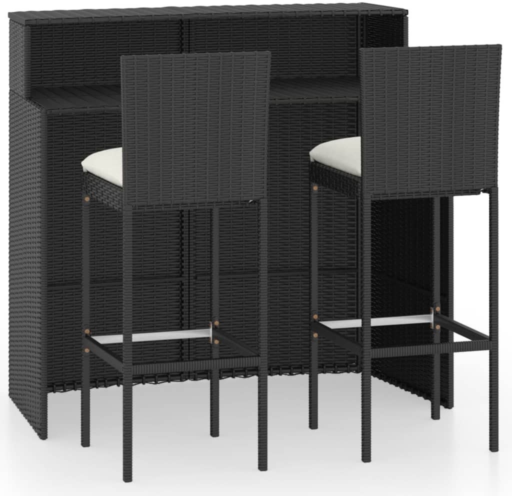 vidaXL 3-cz. zestaw barowy do ogrodu, z poduszkami, rattan PE, czarny 3064881