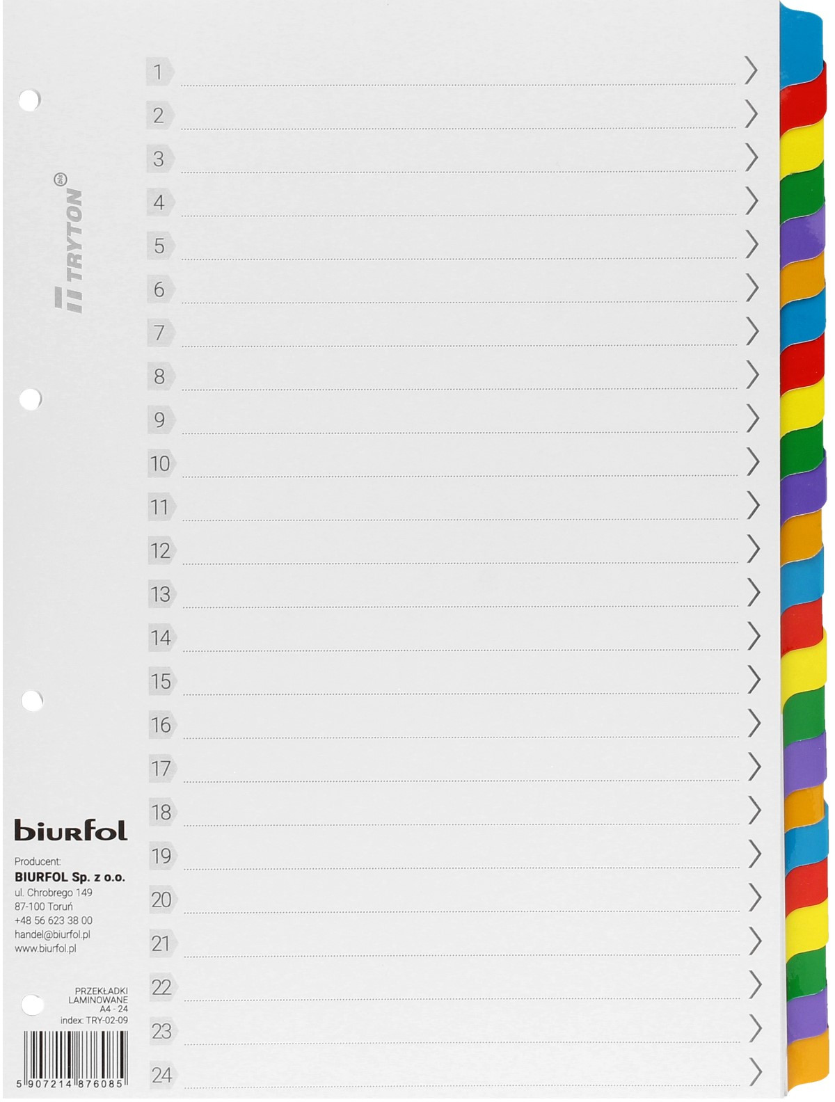 BIURFOL Przekładki kartonowe A4 24k kolorowe Biurfol