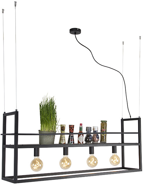 QAZQA Przemysłowa lampa wisząca czarna z dużym stojakiem 4-punktowym - Cage Rack