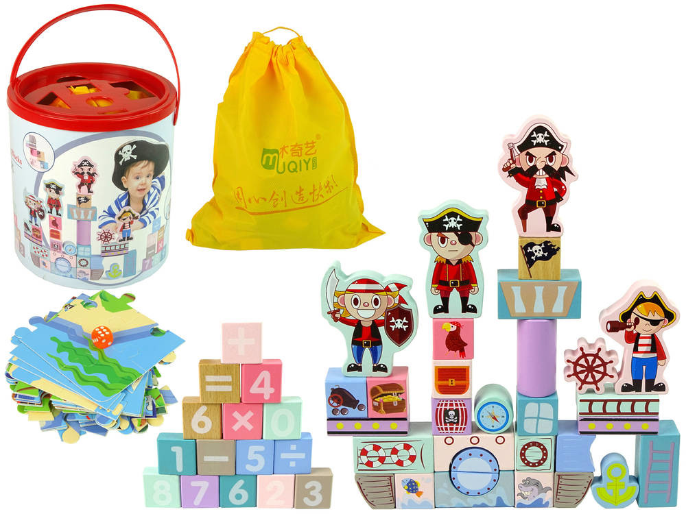 Import LEANToys Drewniane Klocki Zamek Piraci Okręt 46 Elementów Puzzle Liczby LT-10128-0