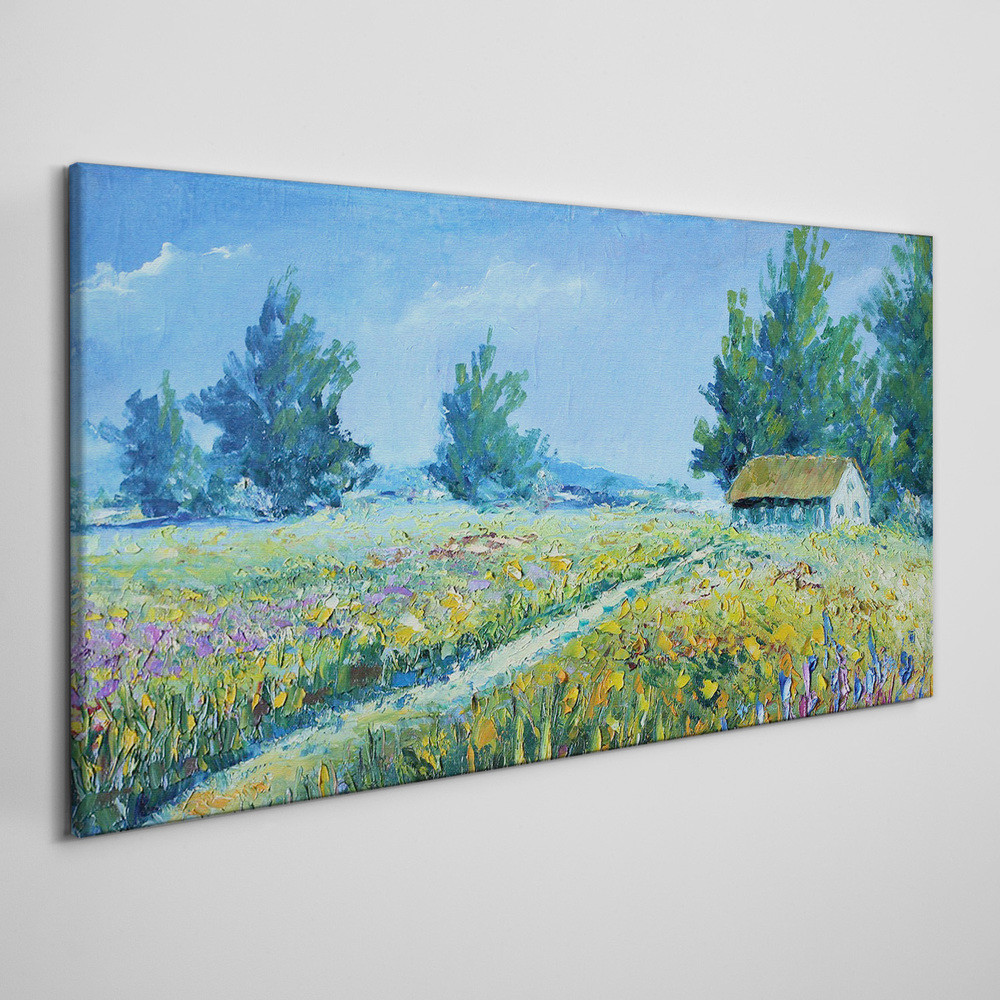 PL Coloray Obraz na Płótnie wieś krajobraz kwiaty chata 120x60cm