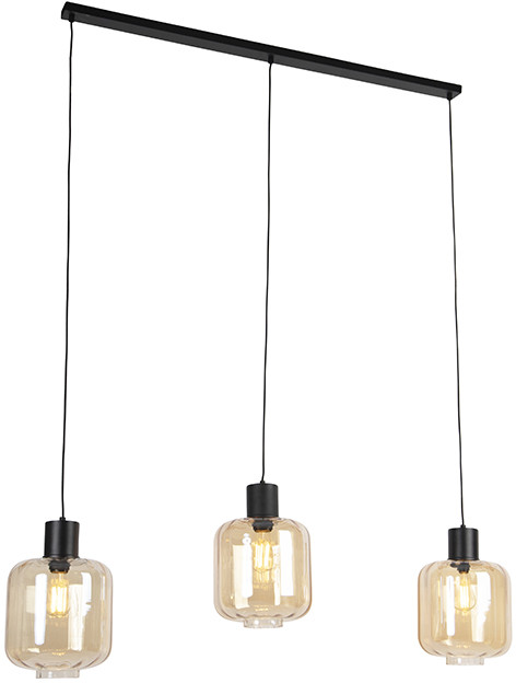 QAZQA Hanglamp zwart met amber glas 3-lichts ophanging 120 cm - Qara 102202