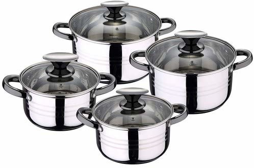 San Ignacio zestaw garnków do gotowania, 8 części, stal nierdzewna, ze szklanymi pokrywkami, nadaje się do płyt indukcyjnych, kolekcja Altea, średnica: 16 cm / 18 cm / 20 cm i 24 cm