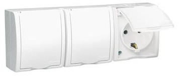 Kontakt Simon Kontakt_Simon Gniazdo wtyczkowe potrójne z uziemieniem Schuko bryzgoszczelne IP54. klapka biała. 16A. 250V. zaciski śrubowe biały AQGSz1-3/11