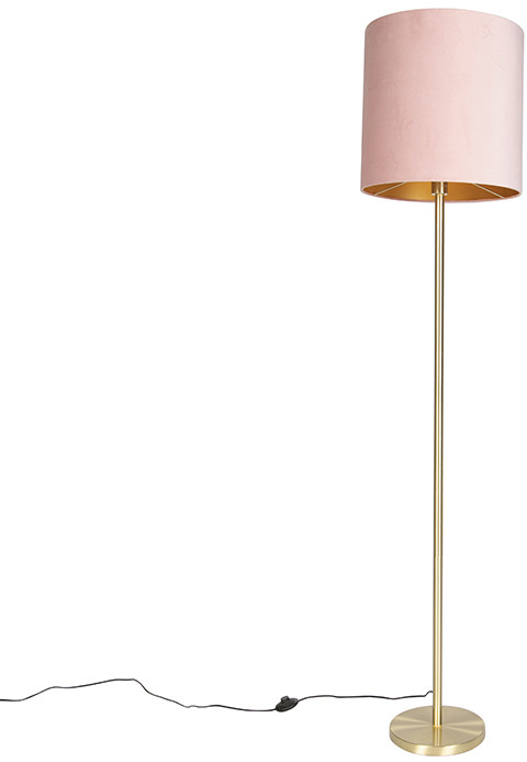 QAZQA Lampa podłogowa mosiądz klosz welurowy różowo-złoty 40cm - Simplo