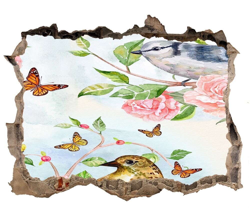 Wallmuralia.pl Dziura 3d fototapeta naklejka Ptaki i róże