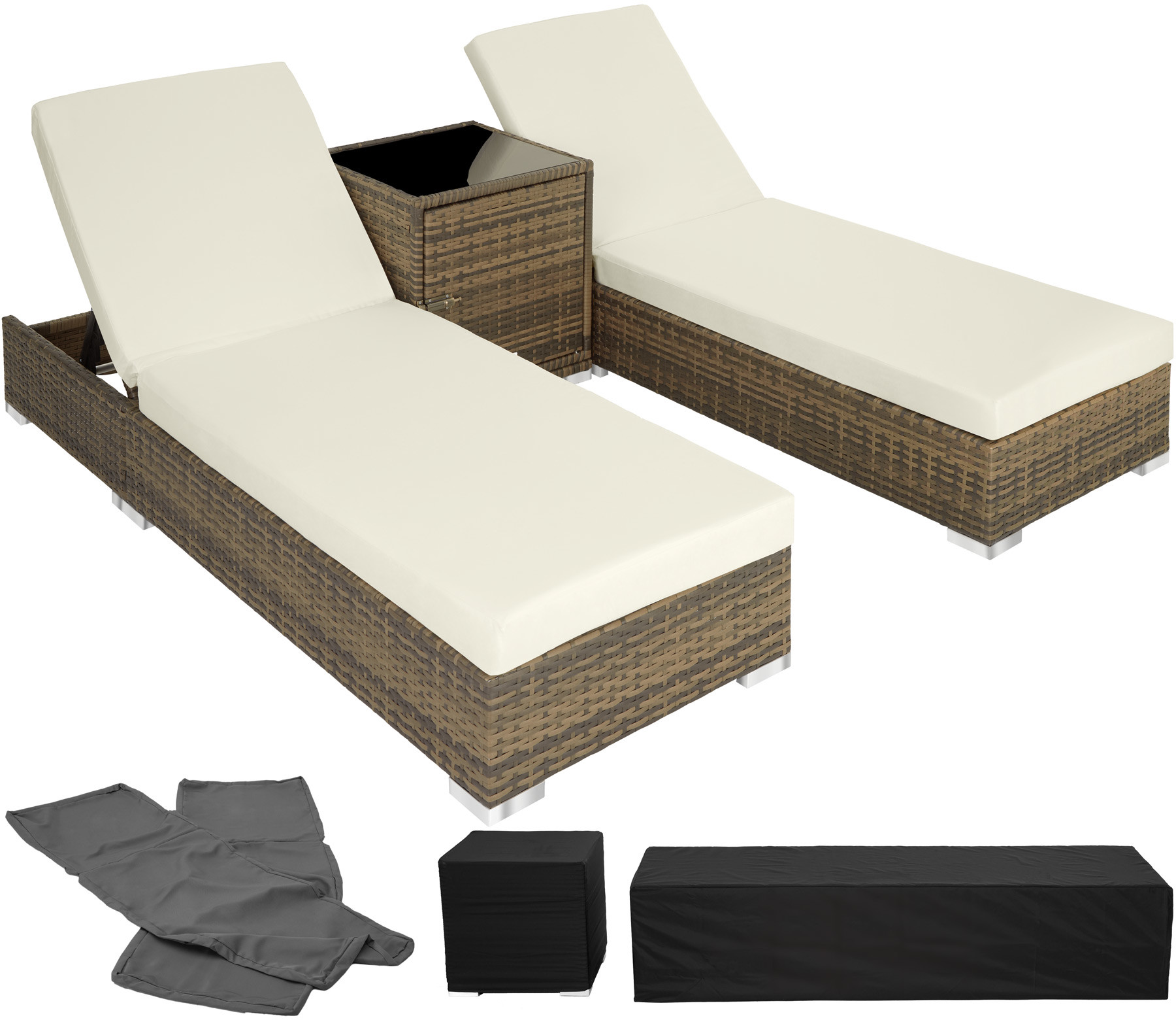 tectake 2 leżaki z technorattanu + stół + pokrowiec, - naturalny 403771