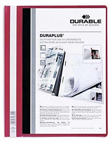Durable 257903 Skoroszyt prezentacyjny Duraplus (A4, z przezroczystą okładką), opak. 25 sztuk, kolor czerwony. 257903